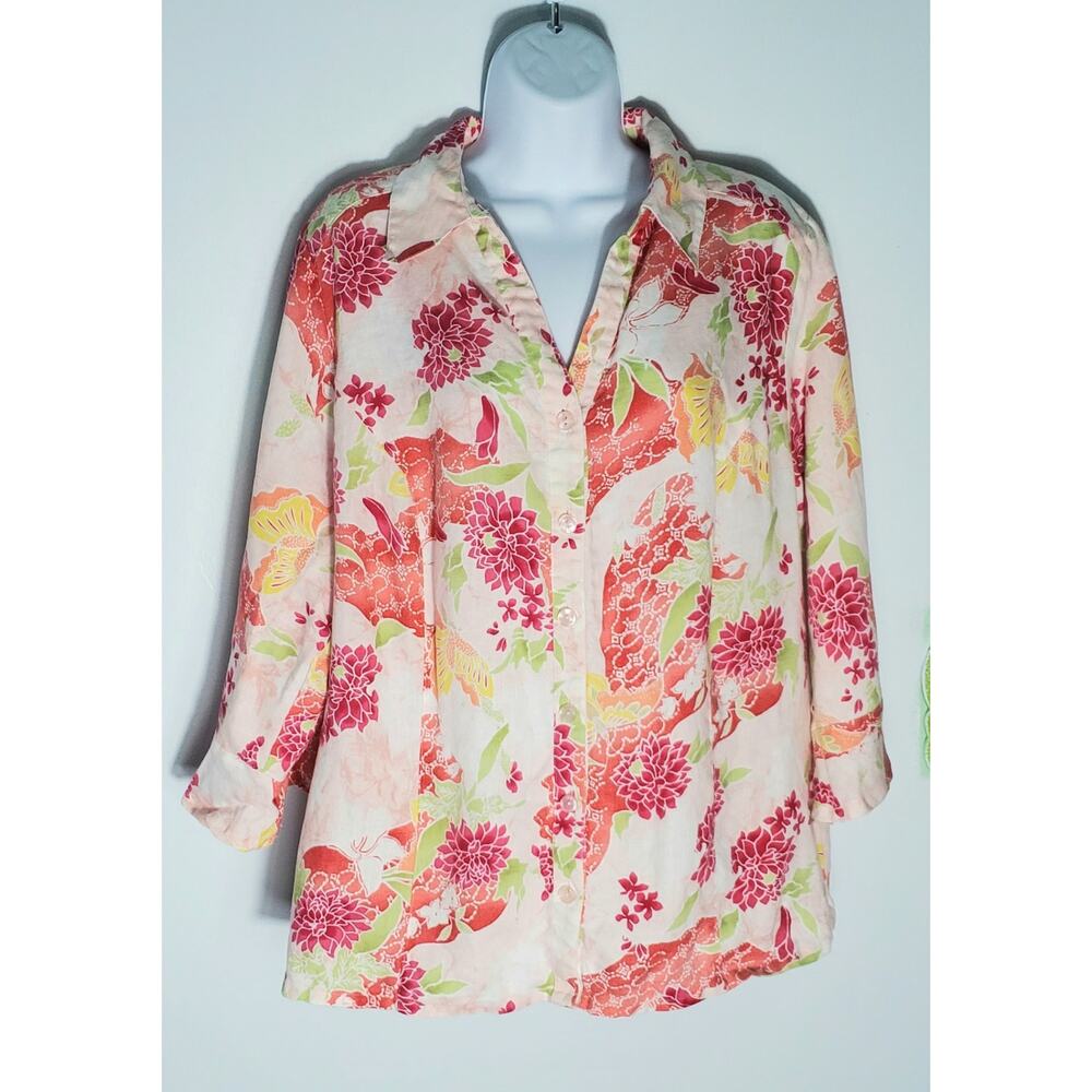 😺 JM Collection Womens Pink Floral Long Sleeve Linen Shirt Size 16W Beachy Boho
